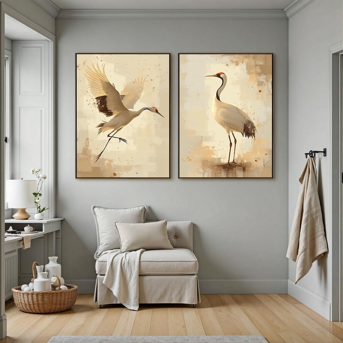 Set of Two Crane Paintings, Beige Gold Bird Wall Art, Minimalist Japanese Style Diptych – Gold and Beige Bird Animal Wall Art