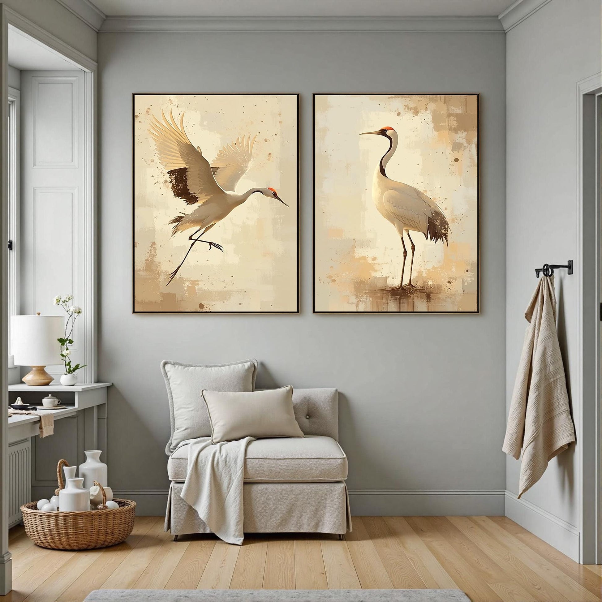 Set of Two Crane Paintings, Beige Gold Bird Wall Art, Minimalist Japanese Style Diptych – Gold and Beige Bird Animal Wall Art