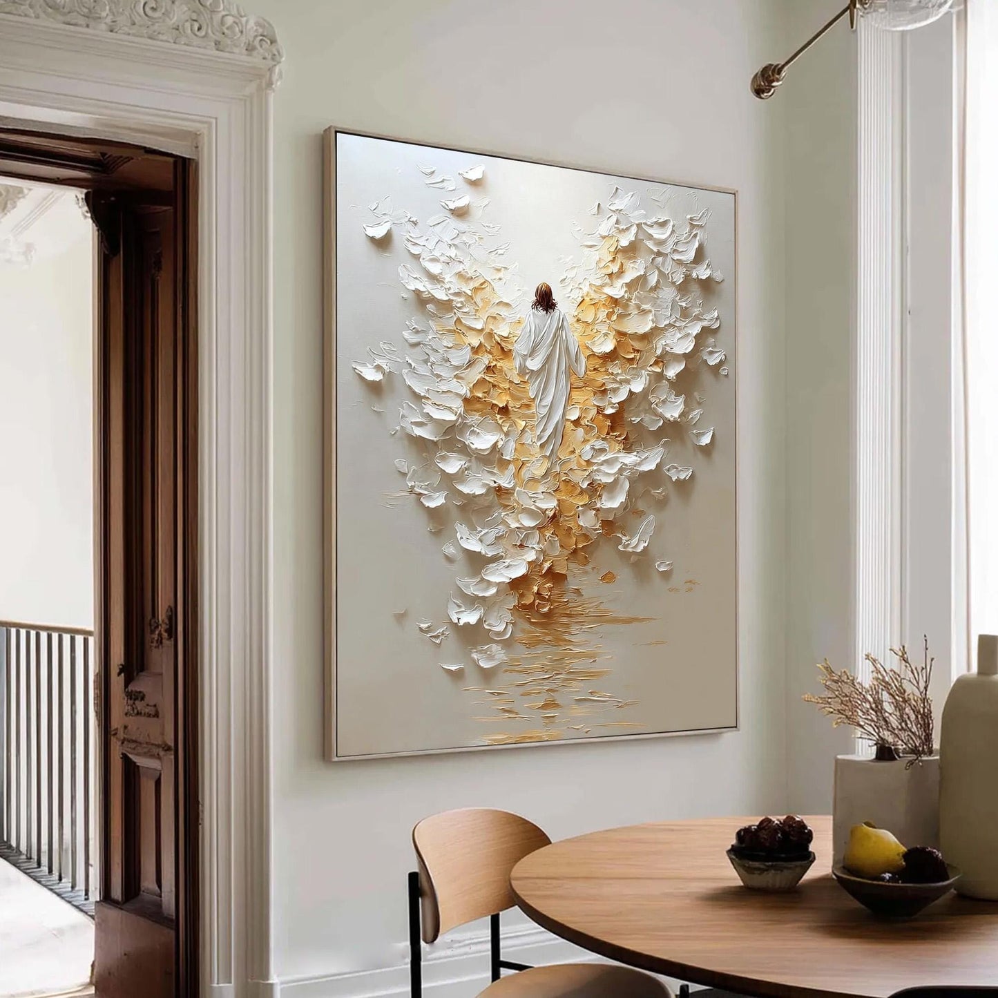 Original Angel Painting – Gold and White Abstract 3D Texture Wall Art | Impasto Hand-Painted Painting, view 3