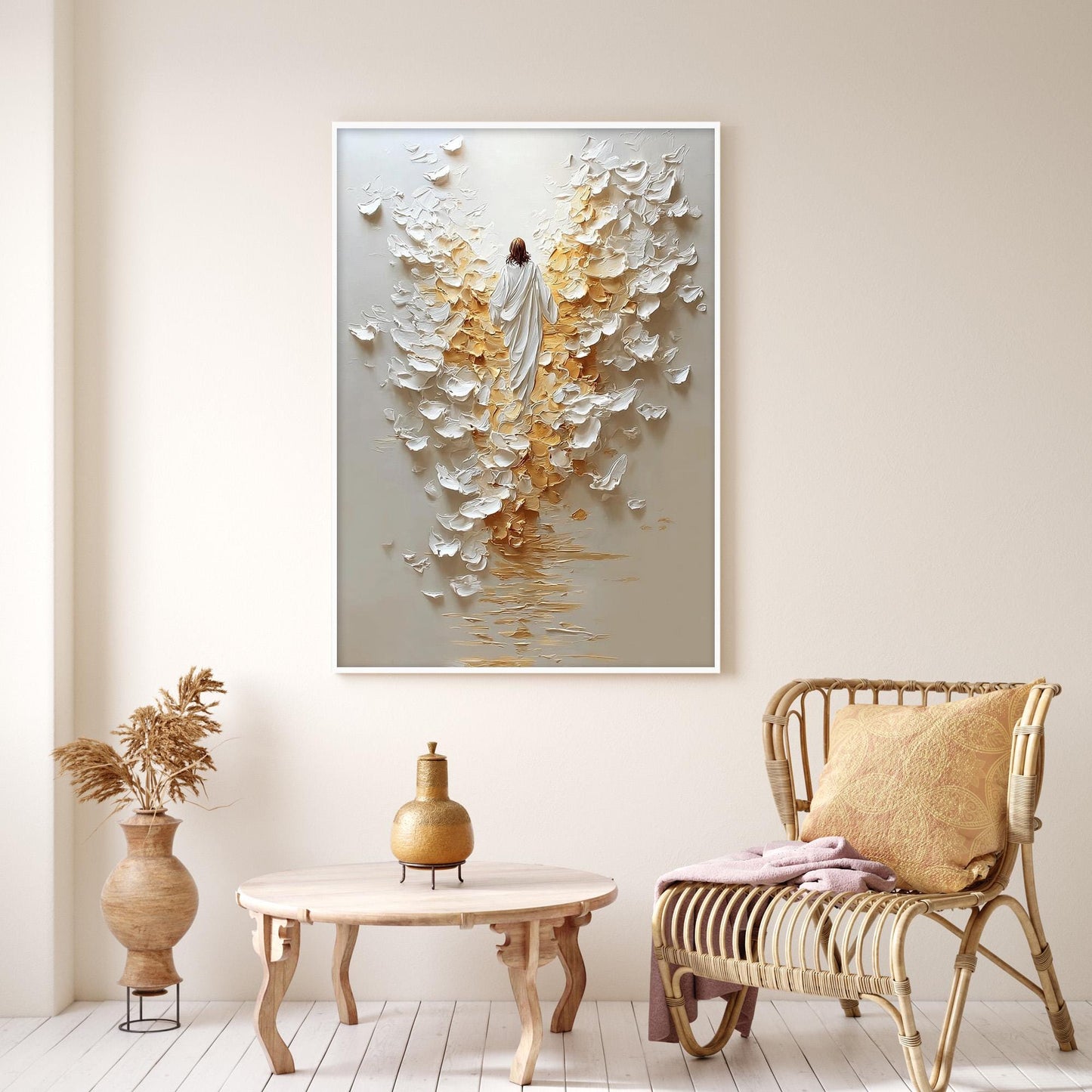 Gold and White Impasto Abstract 3D Texture Wall Art – Original Angel Painting