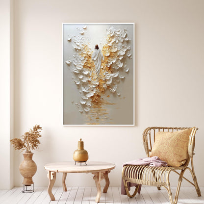 Gold and White Impasto Abstract 3D Texture Wall Art – Original Angel Painting