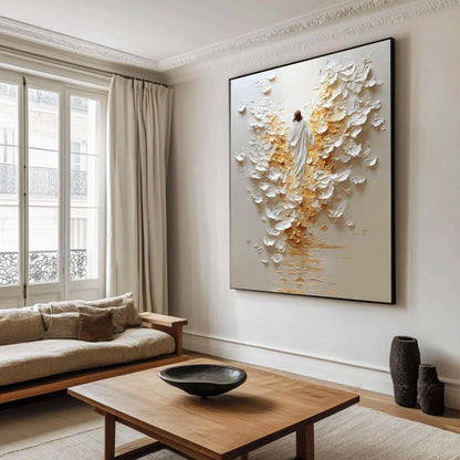 Original Angel Painting – Gold and White Abstract 3D Texture Wall Art | Impasto Hand-Painted Painting, view 2