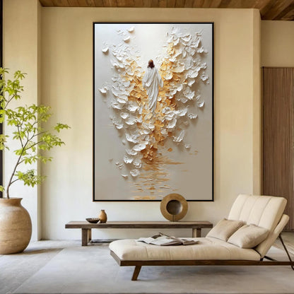 Gold and White Impasto Abstract 3D Texture Wall Art – Original Angel Painting