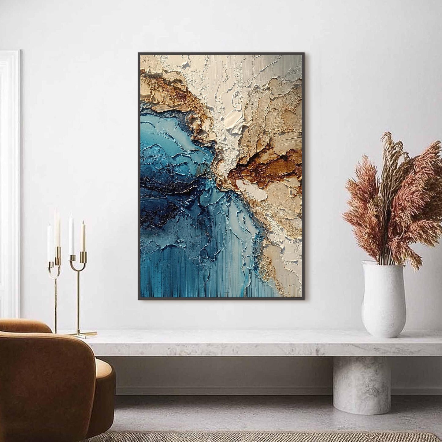 Turquoise Abstract Impasto Beach Seascape Wall Art – Coastal Oil Painting