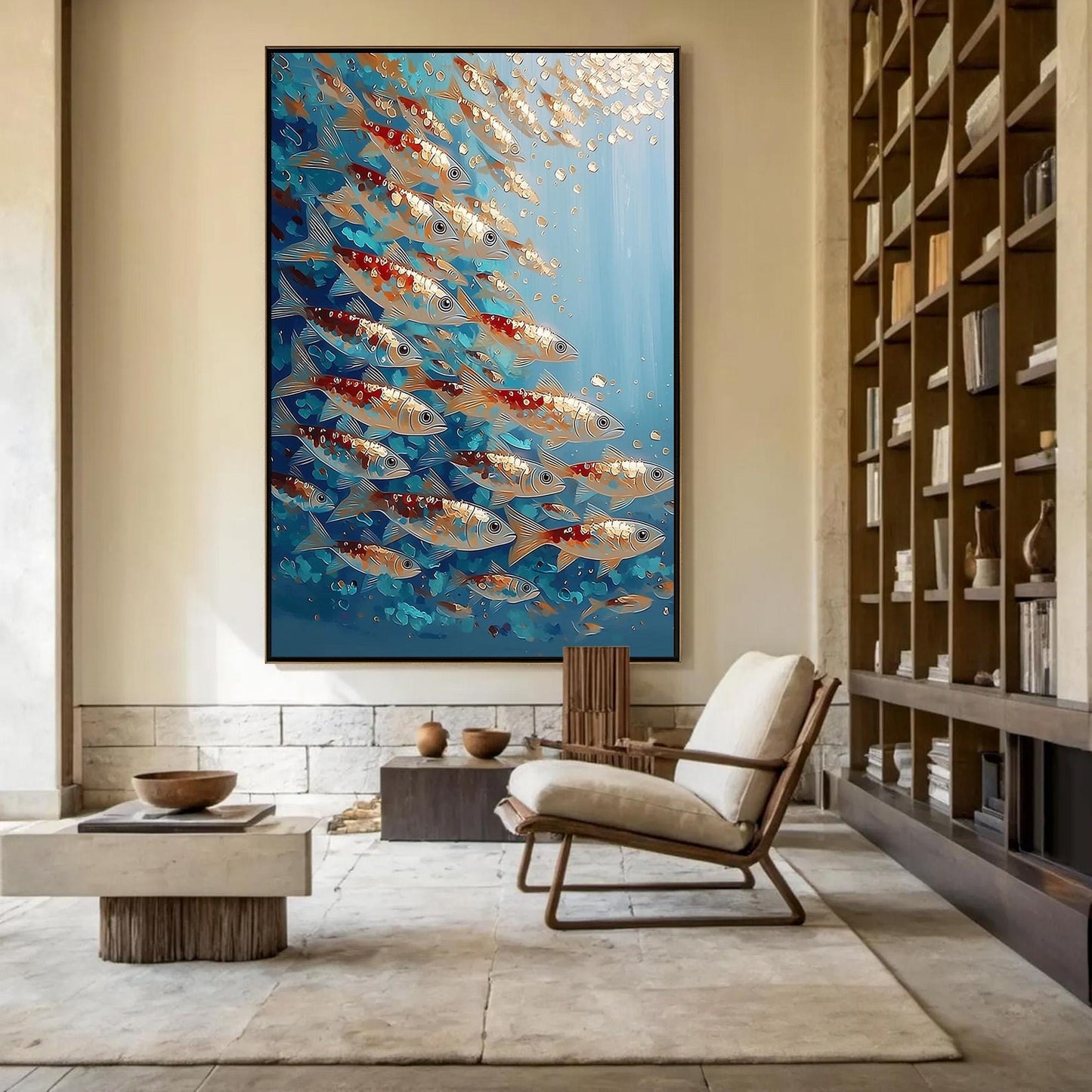 Turquoise and Gold Koi Fish Animal Wall Art – Koi Fish School Oil Painting