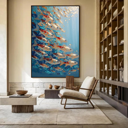 Turquoise and Gold Koi Fish Animal Wall Art – Koi Fish School Oil Painting