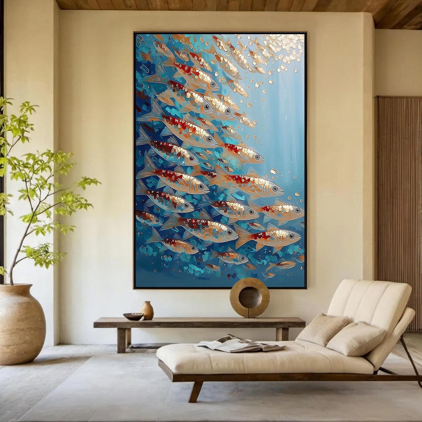 Turquoise and Gold Koi Fish Animal Wall Art – Koi Fish School Oil Painting