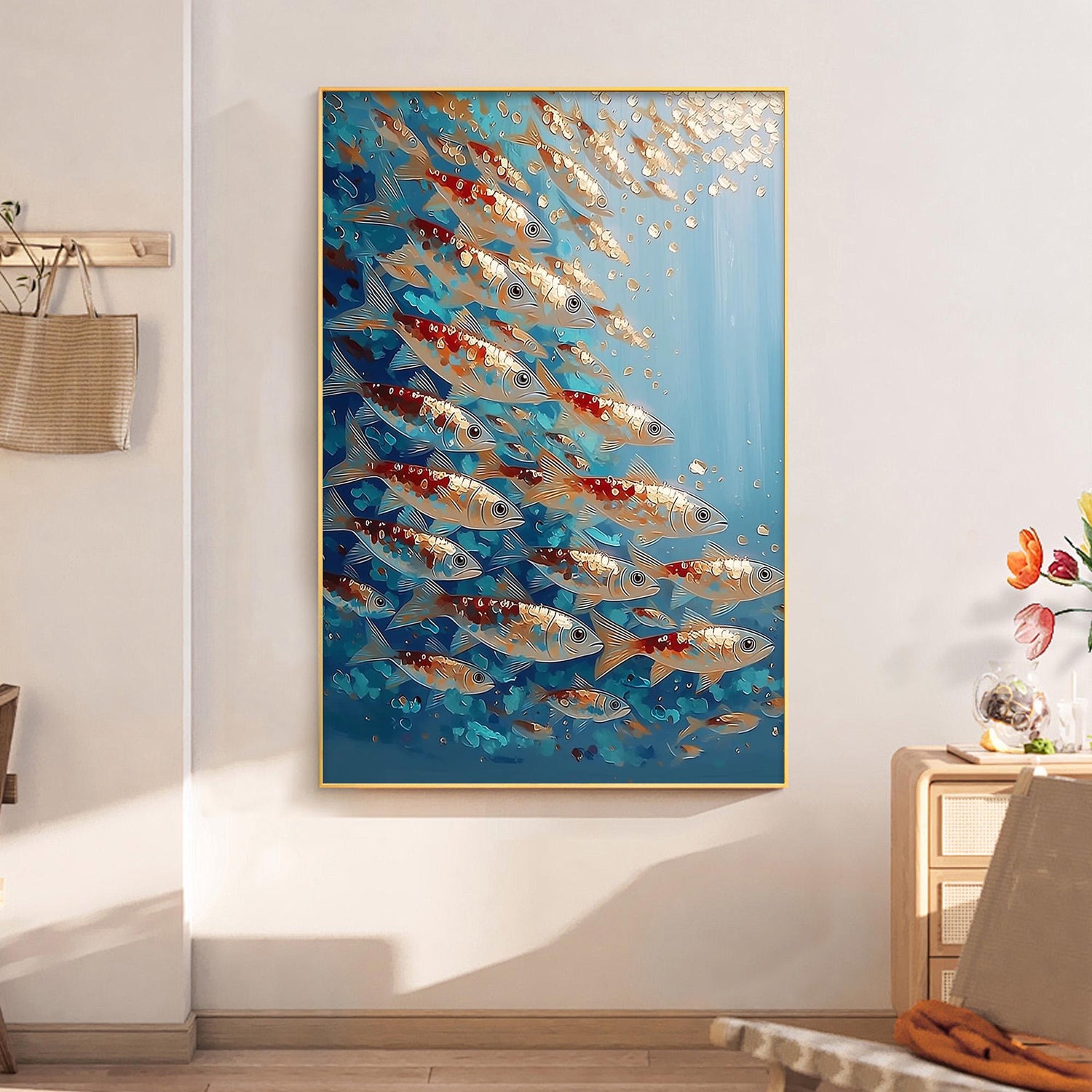 Koi Fish School Oil Painting – Turquoise and Gold Koi Fish Animal Wall Art | Hand-Painted Oil Painting, view 1