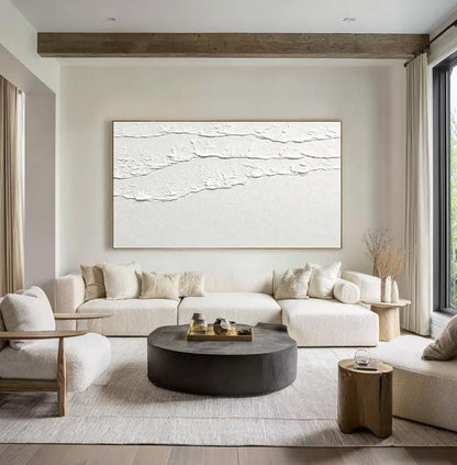 White 3D Abstract Ocean Wave Plaster Art – Minimalist Textured Beach Wall Art – Abstract Seascape Art