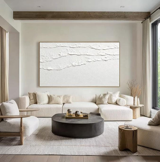 White 3D Abstract Ocean Wave Plaster Art – Minimalist Textured Beach Wall Art – Abstract Seascape Art