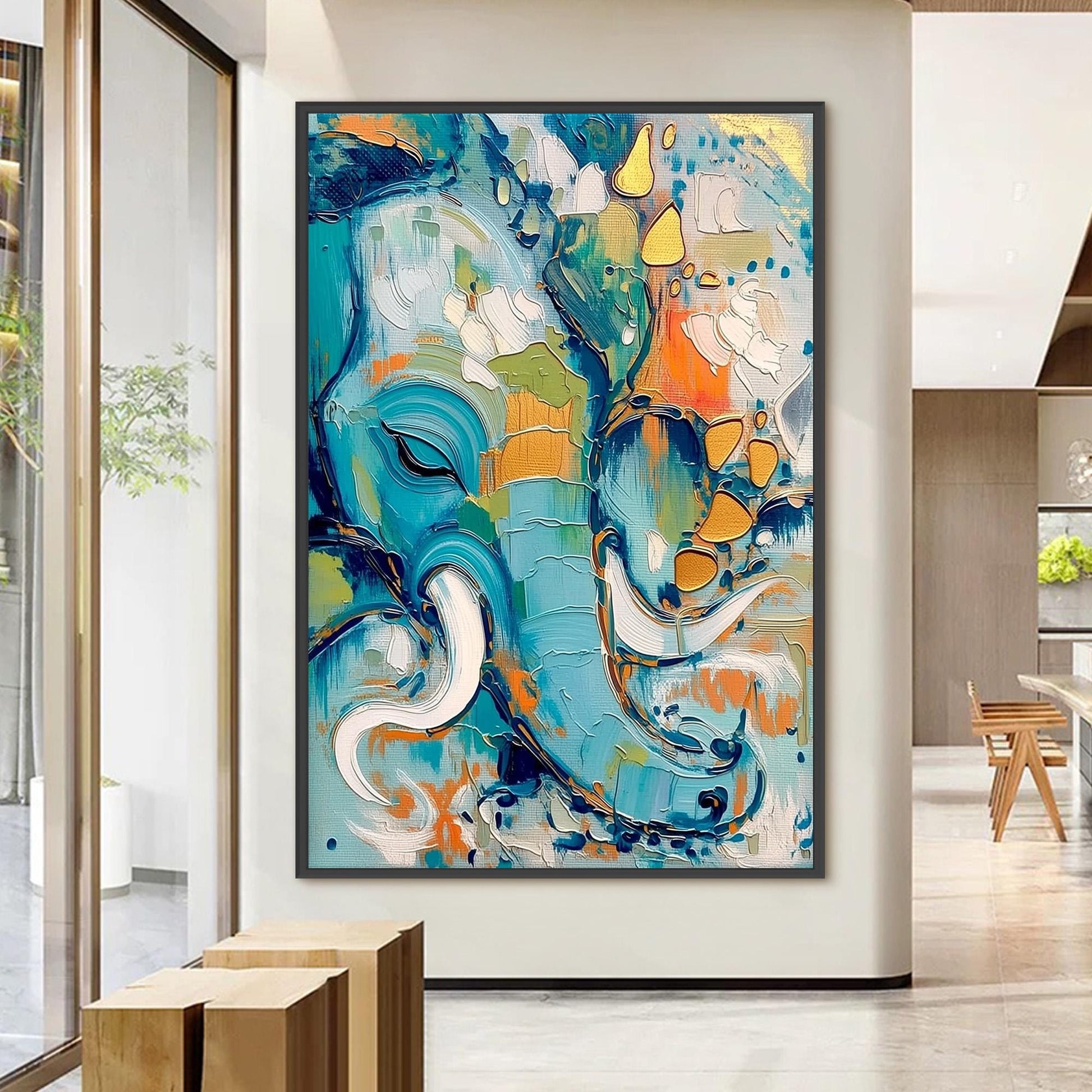 Abstract Elephant Oil Painting – Turquoise and Orange Elephant Animal Wall Art | Boho Hand-Painted Oil Painting, view 4