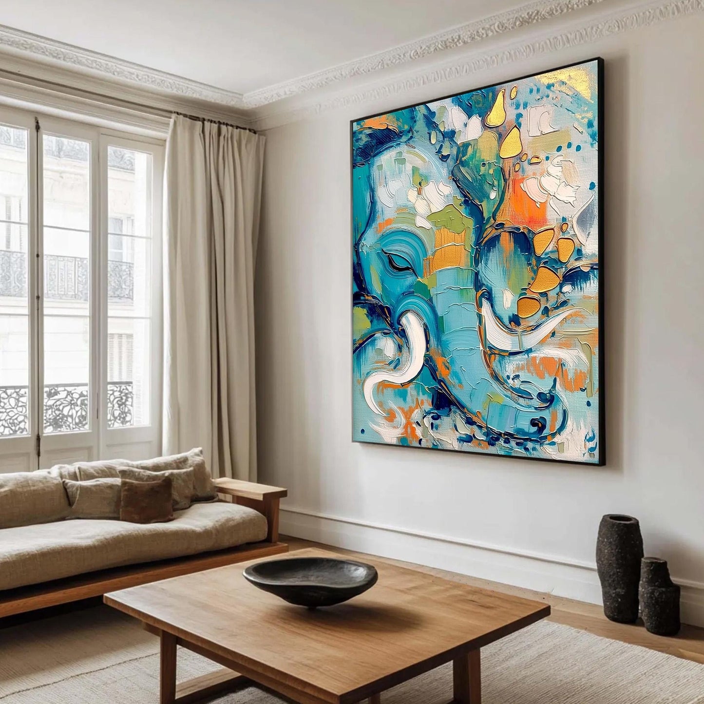 Abstract Elephant Oil Painting – Turquoise and Orange Elephant Animal Wall Art | Boho Hand-Painted Oil Painting, view 3
