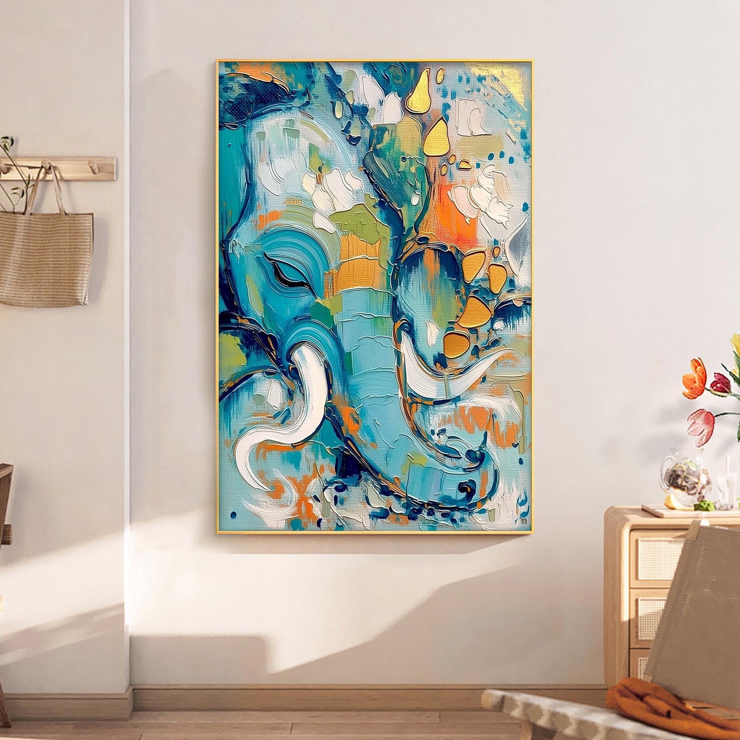 Abstract Elephant Oil Painting – Turquoise and Orange Elephant Animal Wall Art | Boho Hand-Painted Oil Painting, view 1