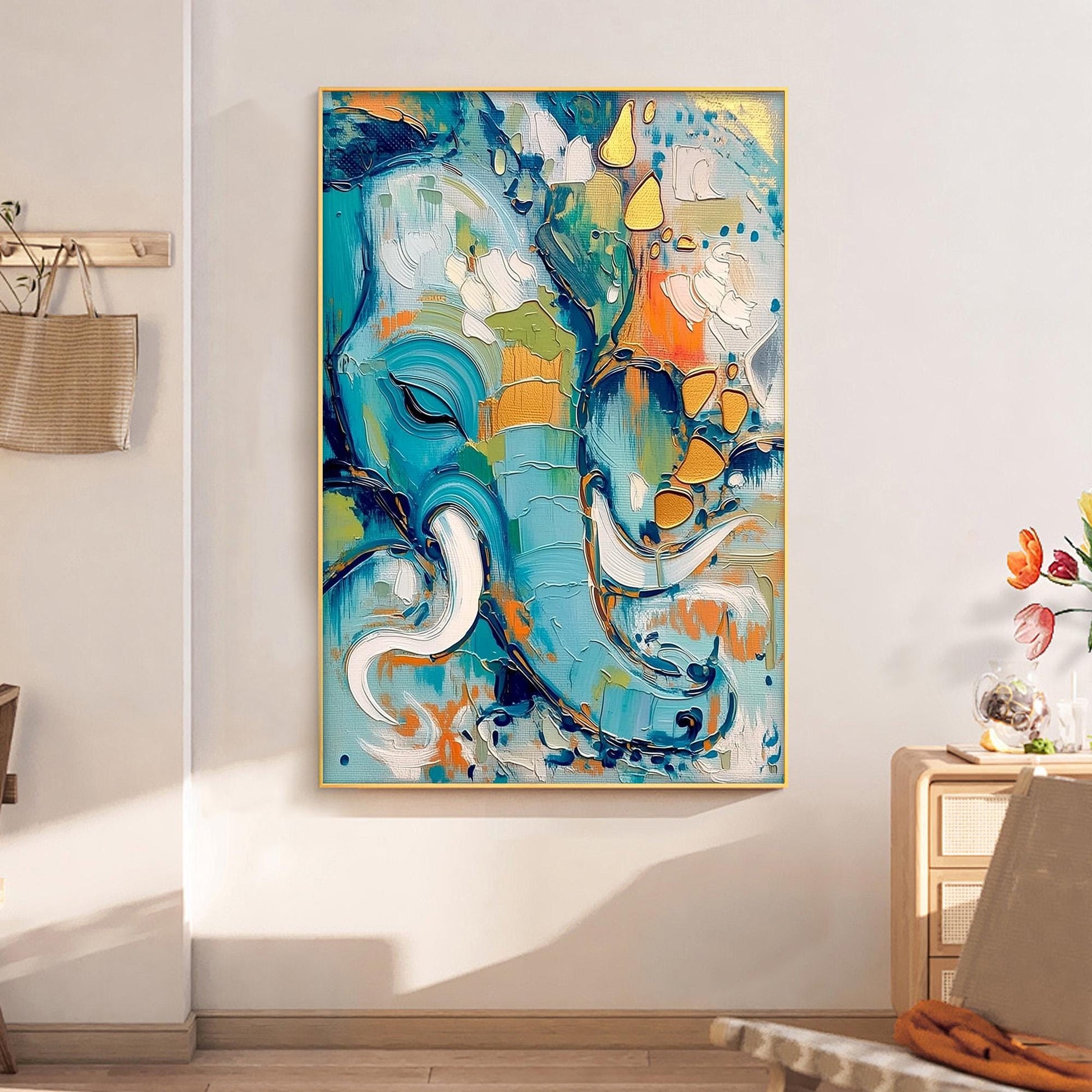 Abstract Elephant Oil Painting – Turquoise and Orange Elephant Animal Wall Art | Boho Hand-Painted Oil Painting, view 1