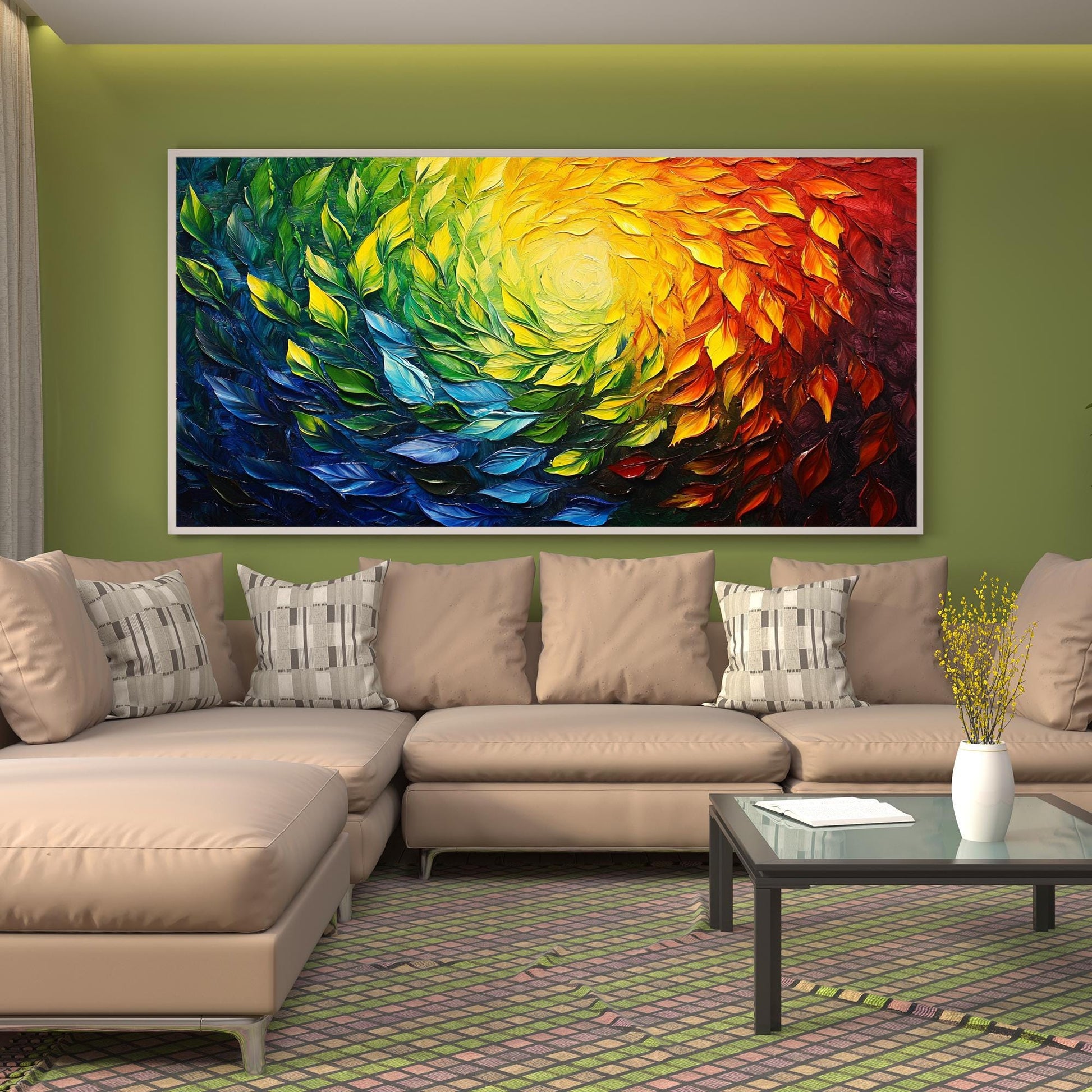 Abstract Rainbow Leaves Impasto Oil Painting, Textured 3D Canvas Art – Botanical Leaf Wall Art | Abstract Impasto Hand-Painte
