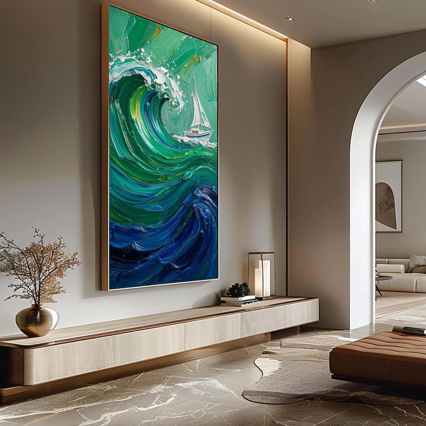 Emerald Wave Painting Sailboat – Emerald and White Sailboat Seascape Wall Art | Impasto Painting, view 3