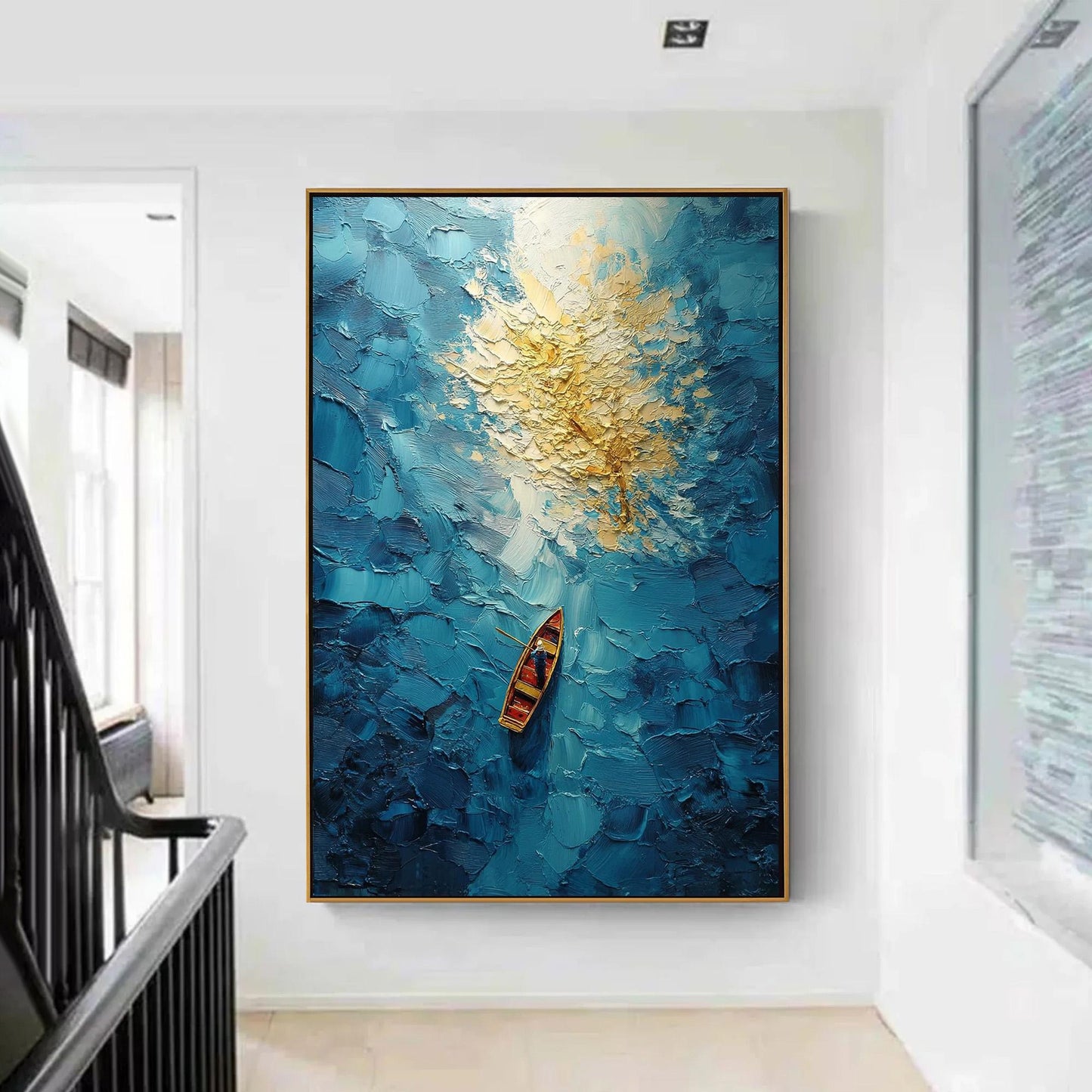 Turquoise and Gold Impasto Ship 3D Texture Wall Art – Blue Ocean Boat Painting