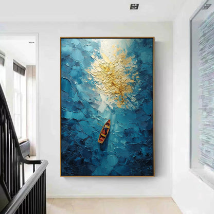 Turquoise and Gold Impasto Ship 3D Texture Wall Art – Blue Ocean Boat Painting