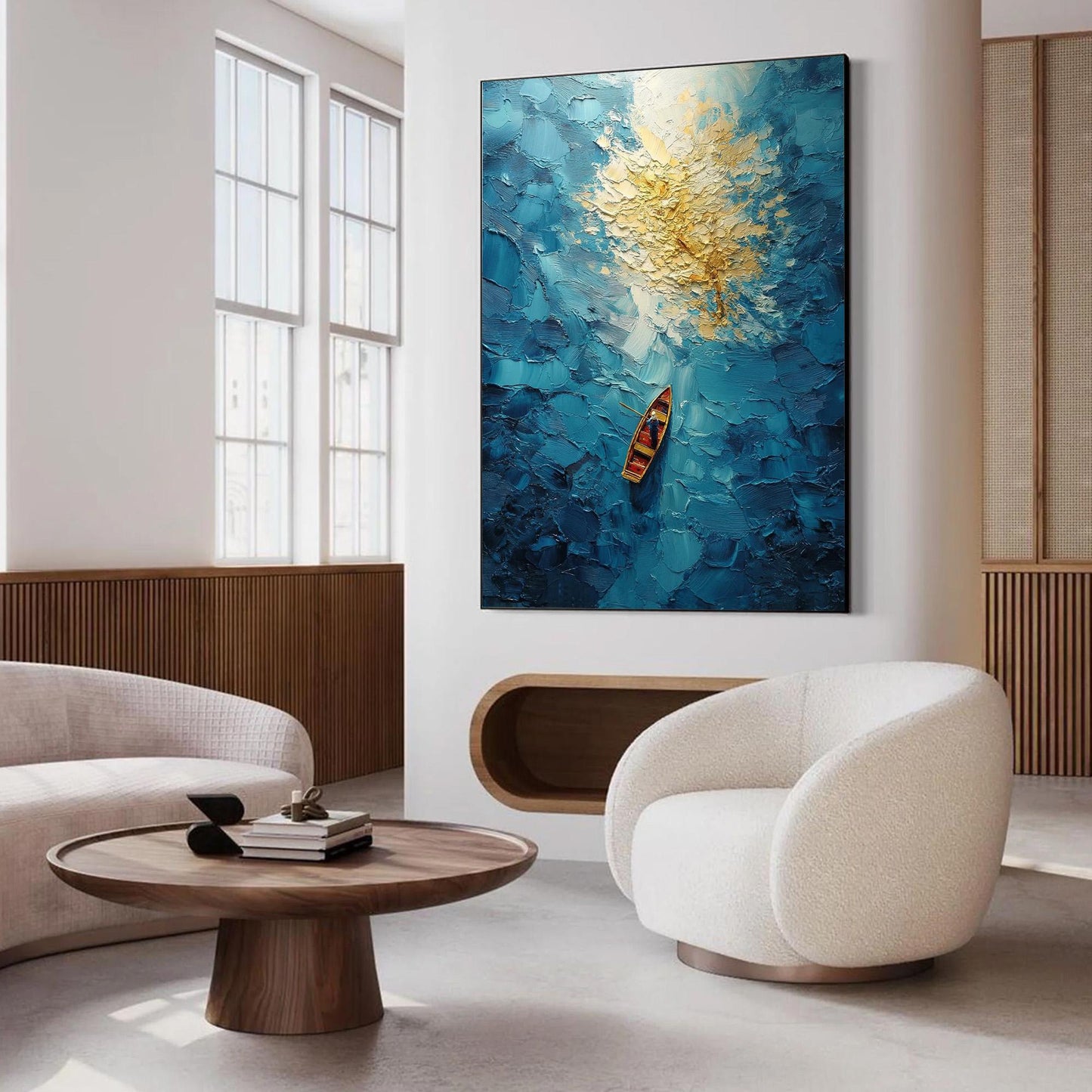 Blue – Turquoise and Gold Ship 3D Texture Wall Art | Impasto Painting, view 3