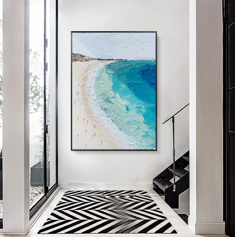 Large – Blue and Beige Beach Seascape Wall Art | Abstract Oil Painting, view 1