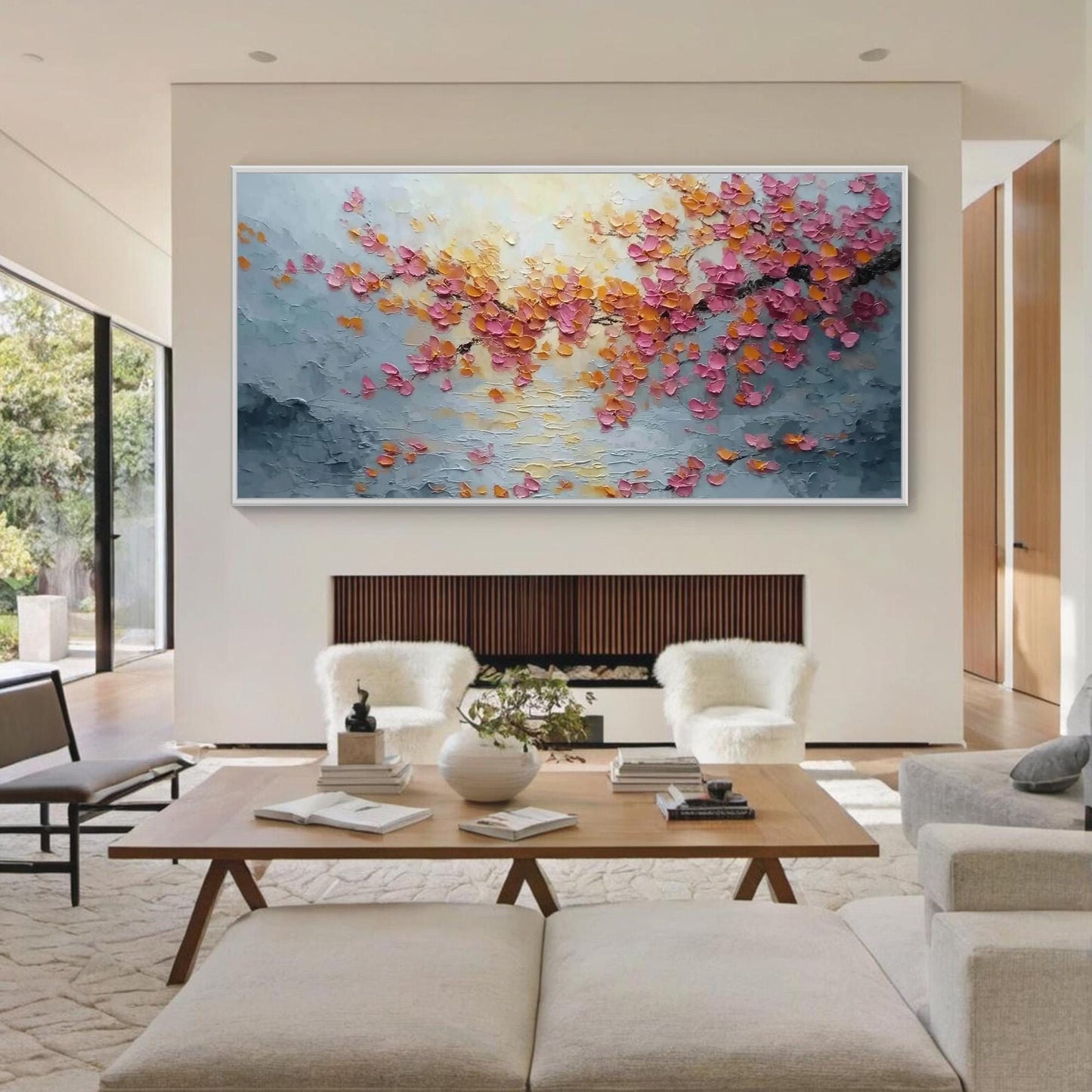 Textured Pink Cherry Blossom Palette Knife Painting – Gold Spring Floral Wall Art