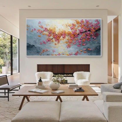 Textured Pink Cherry Blossom Palette Knife Painting – Gold Spring Floral Wall Art