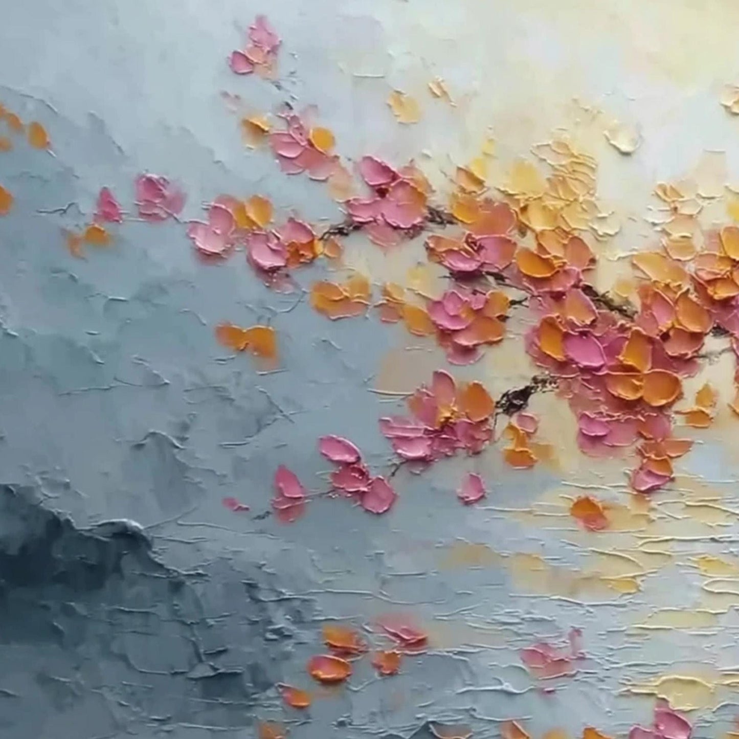 Textured Pink Cherry Blossom Palette Knife Painting – Gold Spring Floral Wall Art