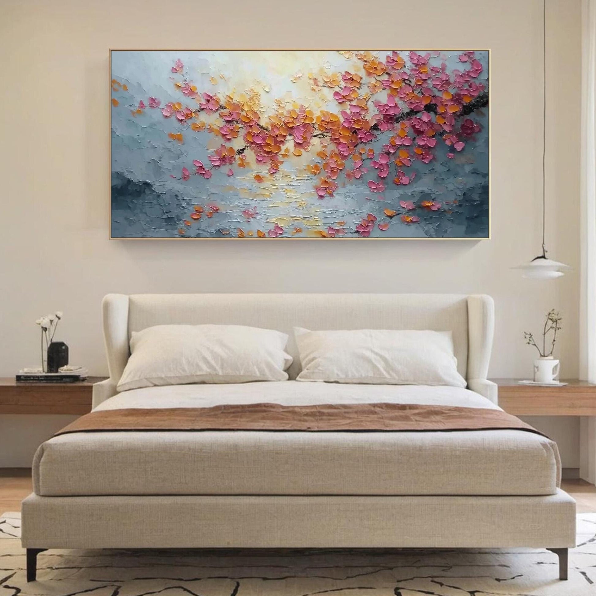 Textured Pink Cherry Blossom Palette Knife Painting, Gold Spring Floral Wall Decor – Colorful Cherry Blossom Floral Wall Art 