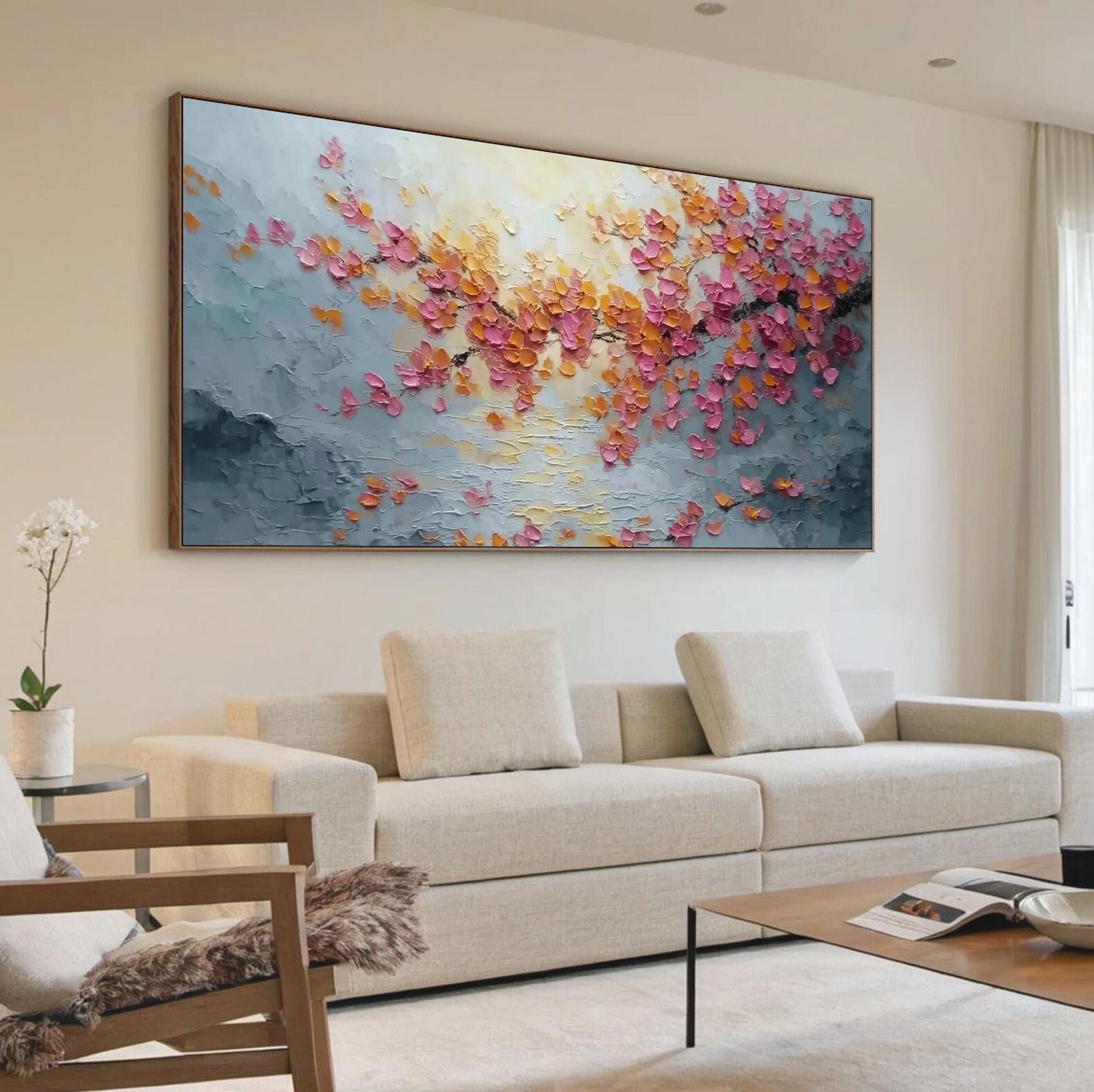 Textured Pink Cherry Blossom Palette Knife Painting, Gold Spring Floral Wall Decor – Colorful Cherry Blossom Floral Wall Art 