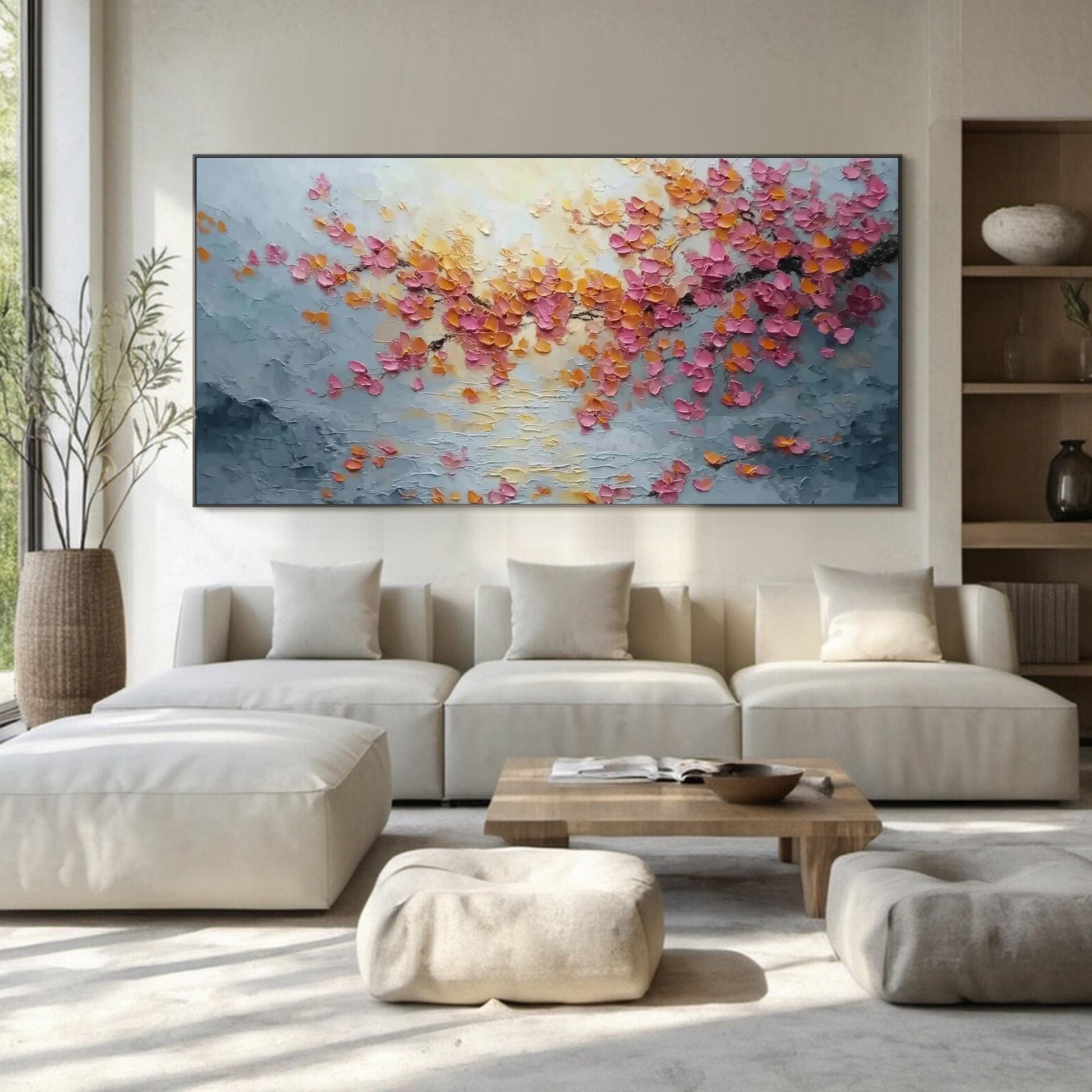 Textured Pink Cherry Blossom Palette Knife Painting, Gold Spring Floral Wall Decor – Colorful Cherry Blossom Floral Wall Art 