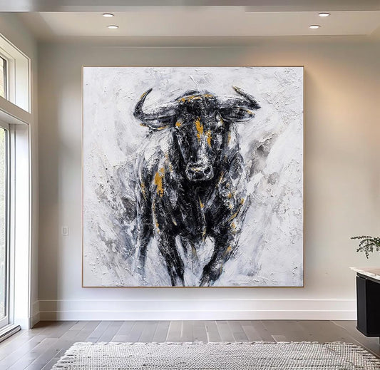 Abstract Bull Canvas Wall Art – Large Texture Animal Painting – Abstract Animal Art