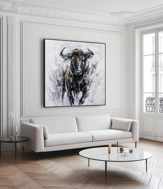 Abstract Bull Canvas Wall Art – Large Texture Animal Painting – Abstract Animal Art