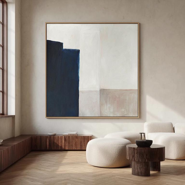 Minimalist Navy Blue Abstract Painting – Beige and Cream Geometric Wall Art