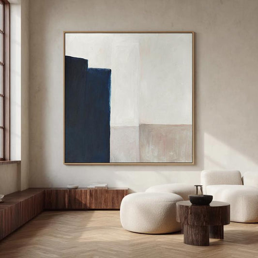 Minimalist Navy Blue Abstract Painting – Beige and Cream Geometric Wall Art