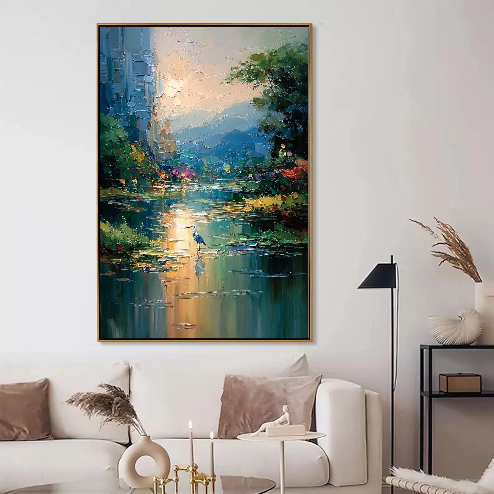 Blue Heron River Painting – Blue and Amber River Landscape Wall Art | Impasto Painting, view 5