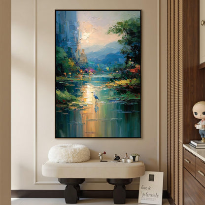Blue and Amber Impasto River Landscape Wall Art – Blue Heron River Painting