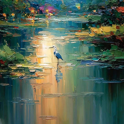 Blue and Amber Impasto River Landscape Wall Art – Blue Heron River Painting