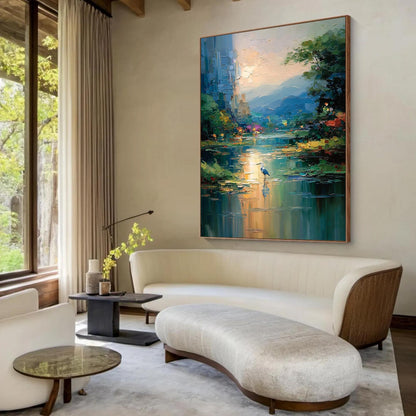 Blue Heron River Painting – Blue and Amber River Landscape Wall Art | Impasto Painting, view 3