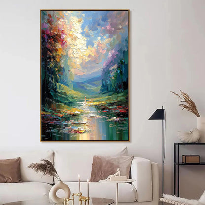 Colorful Impasto River Landscape Wall Art