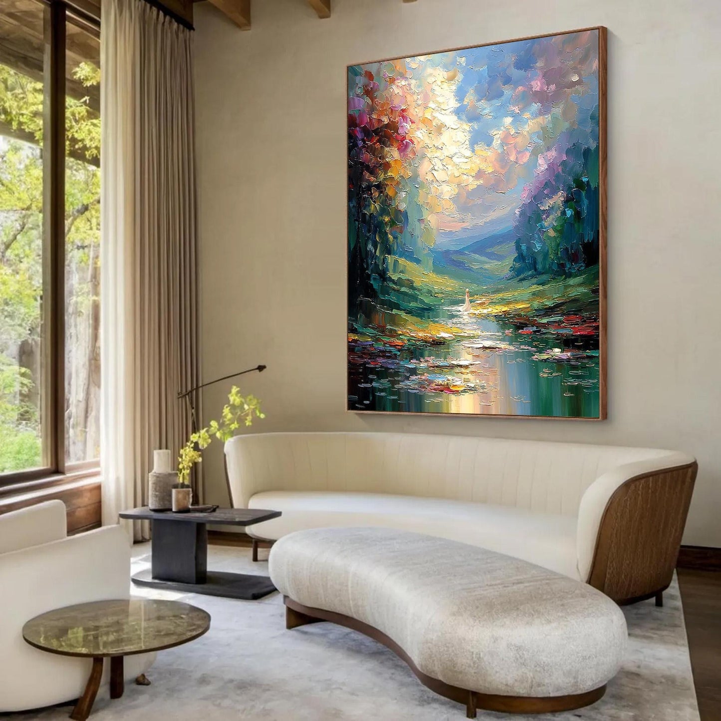 Woman Forest River Painting – Colorful River Landscape Wall Art | Impasto Painting, view 3