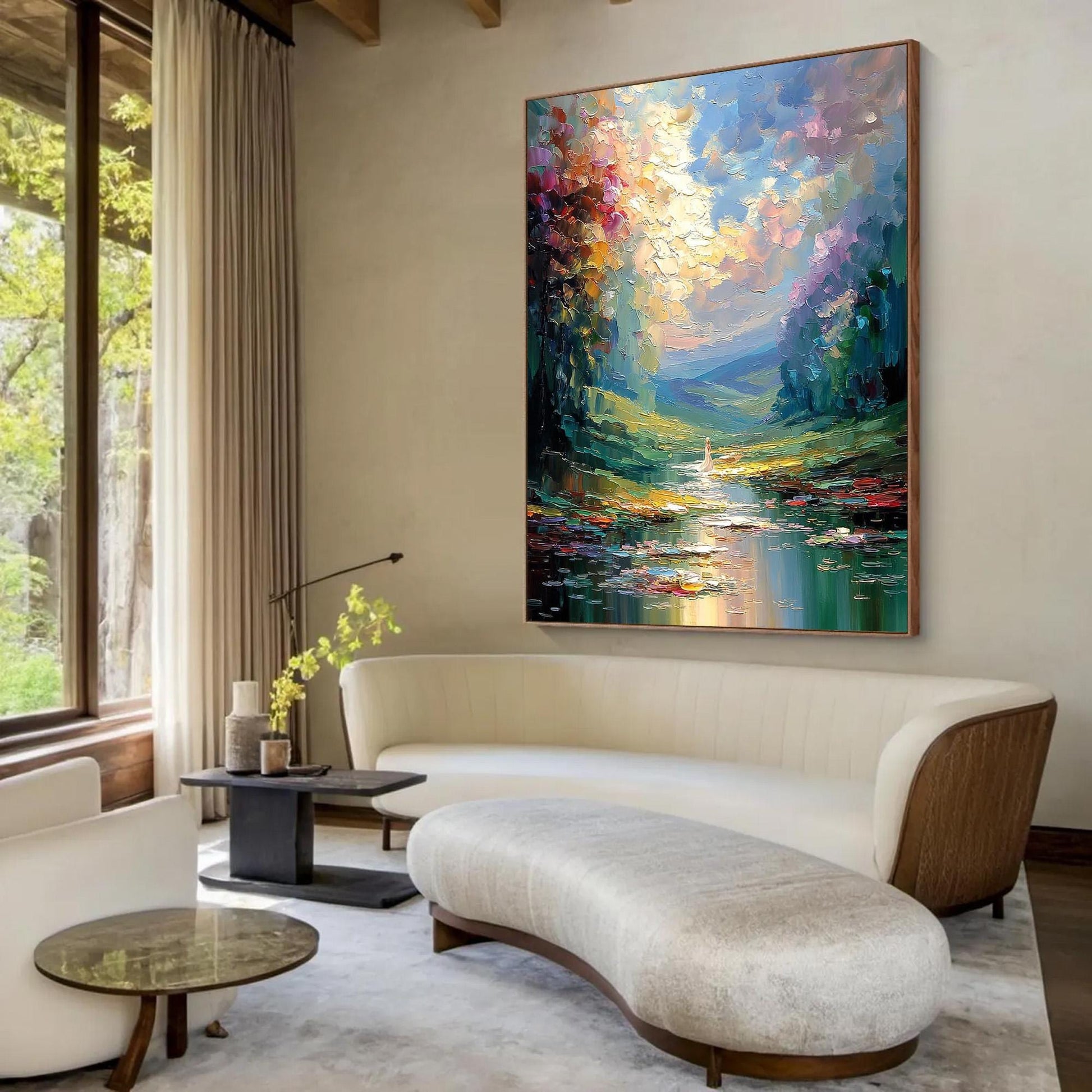 Woman Forest River Painting – Colorful River Landscape Wall Art | Impasto Painting, view 3