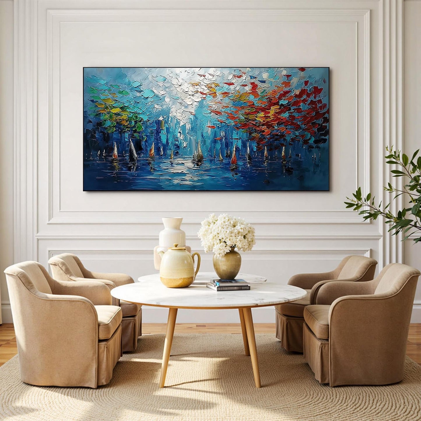 Impressionist Sailboat Harbor Oil Painting – Blue and Green Sailboat 3D Texture Wall Art | Palette Knife Hand-Painted Oil Pai