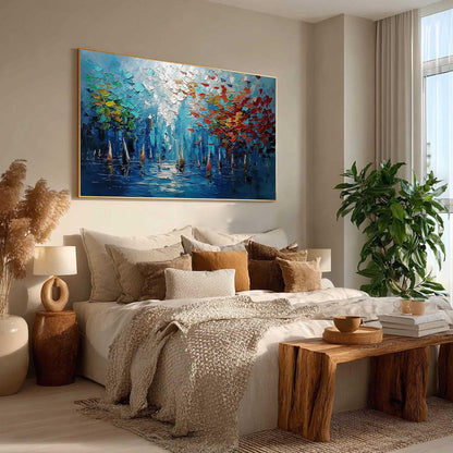 Impressionist Sailboat Harbor Oil Painting – Blue and Green Sailboat 3D Texture Wall Art | Palette Knife Hand-Painted Oil Pai