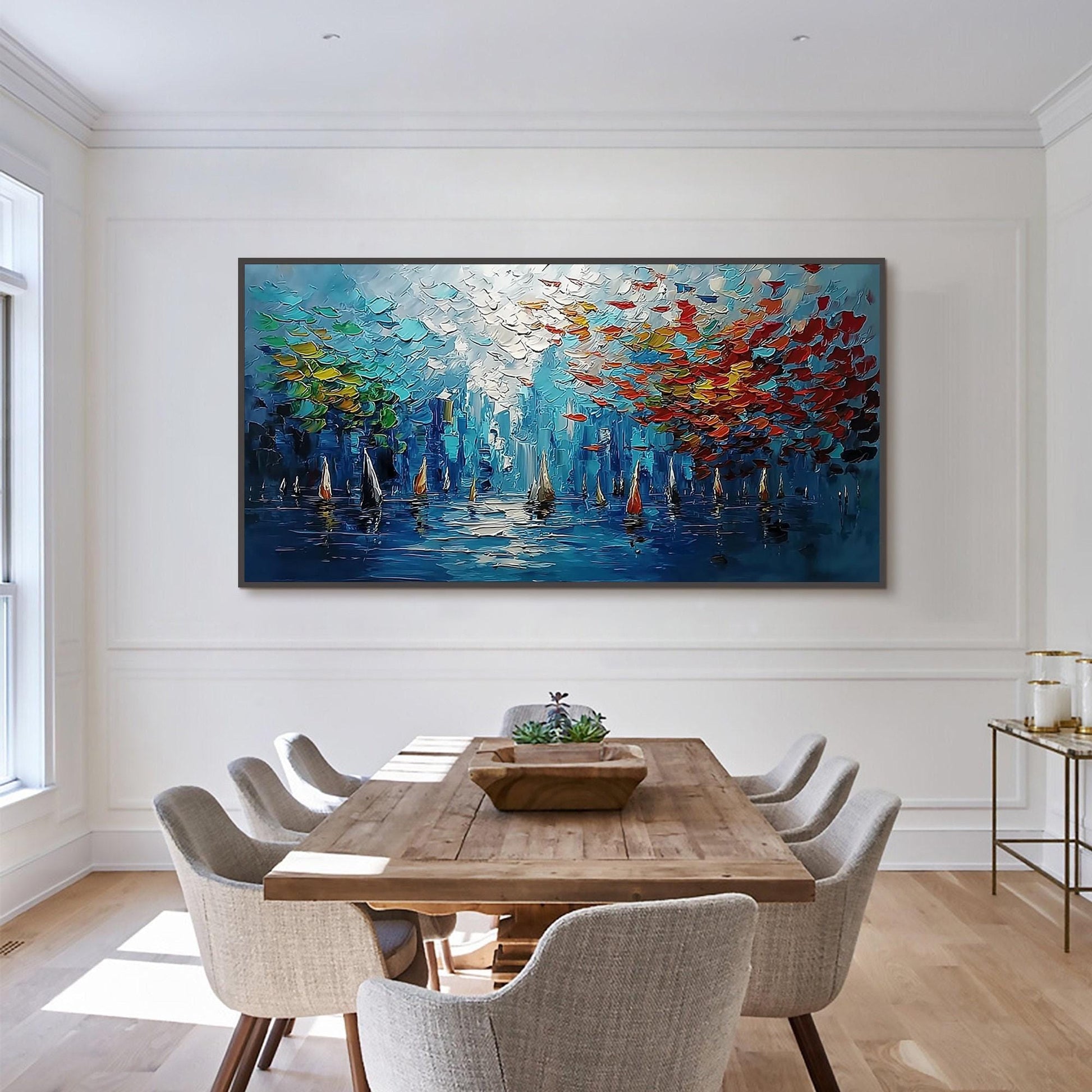 Impressionist Sailboat Harbor Oil Painting – Blue and Green Sailboat 3D Texture Wall Art | Palette Knife Hand-Painted Oil Pai