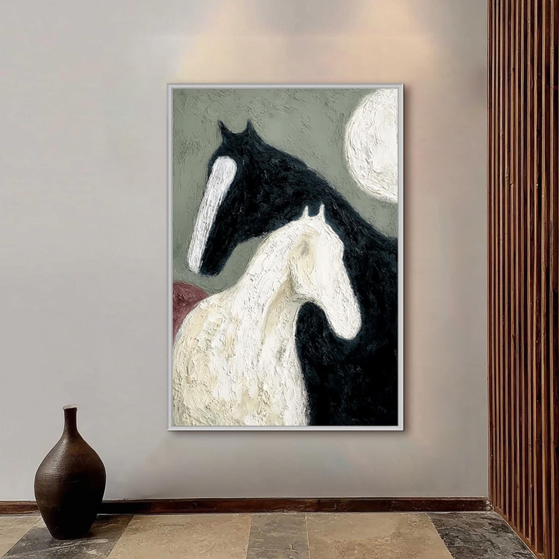 Textured Black White Horse Oil Painting – Sage and Green Moon Minimalist Wall Art | Impasto Hand-Painted Oil Painting, view 5