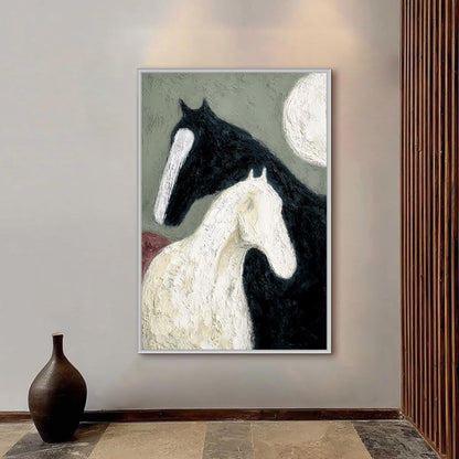 Textured Black White Horse Oil Painting – Sage and Green Moon Minimalist Wall Art | Impasto Hand-Painted Oil Painting, view 5