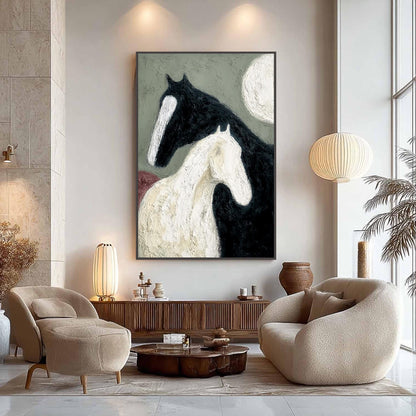 Textured Black White Horse Oil Painting – Sage and Green Moon Minimalist Wall Art | Impasto Hand-Painted Oil Painting, view 4