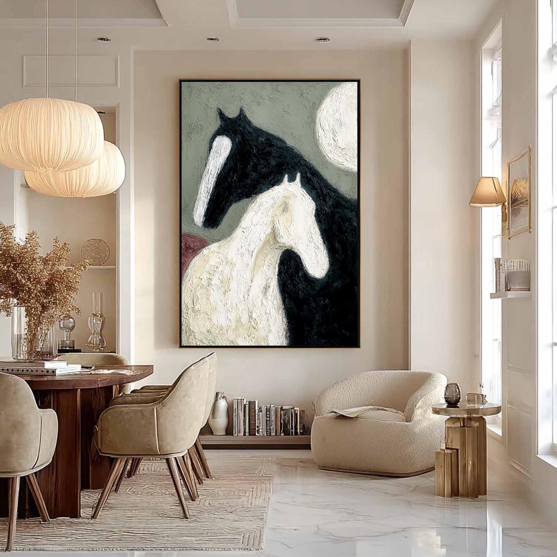 Textured Black White Horse Oil Painting – Sage and Green Moon Minimalist Wall Art | Impasto Hand-Painted Oil Painting, view 3