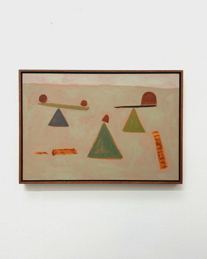 May include: Abstract painting in a wooden frame. The artwork features geometric shapes, including triangles and rounded forms, in muted tones of green, brown, and pink. The composition is minimalist, with a focus on form and color.