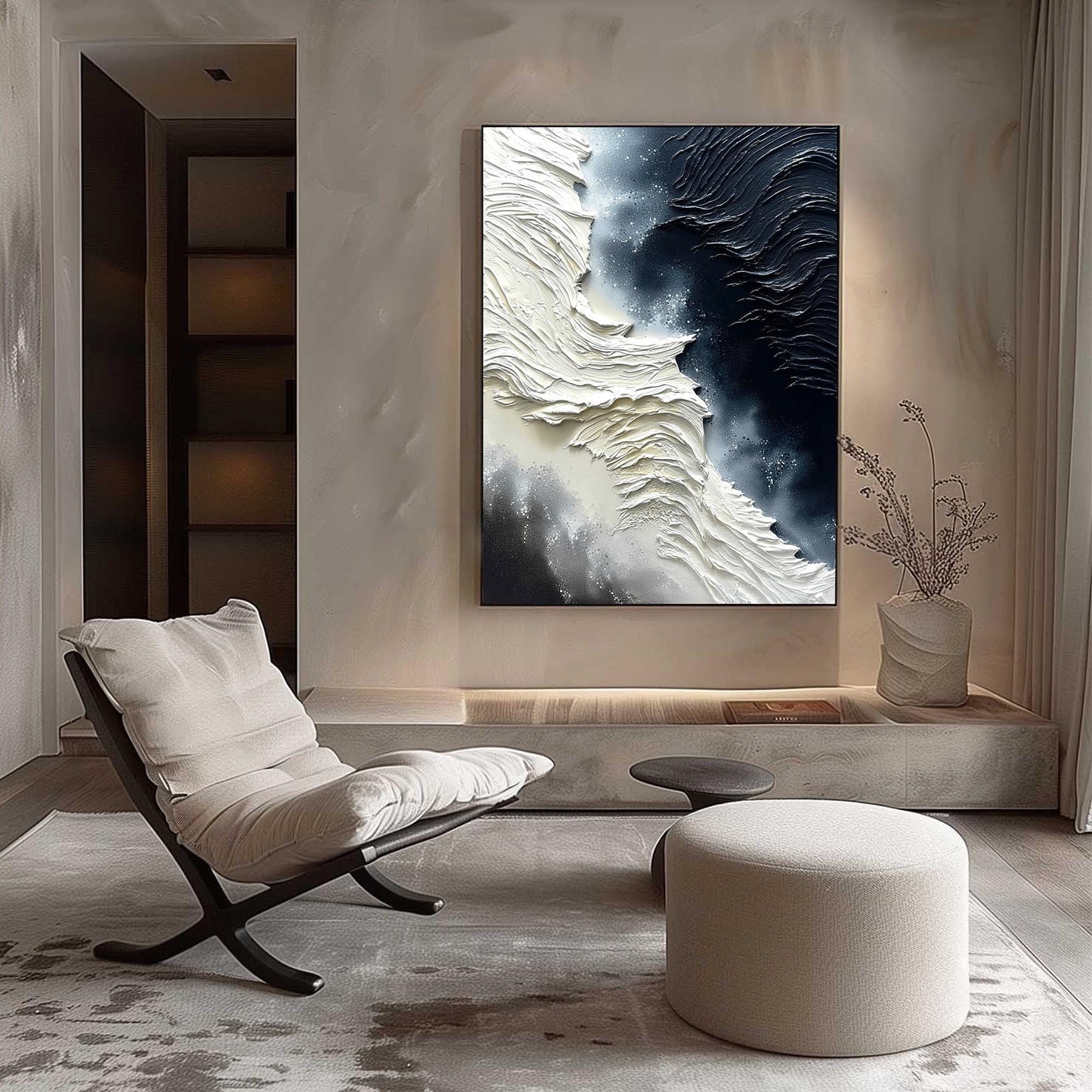 Grey and Black Impasto Abstract Minimalist Wall Art – Textural Black White